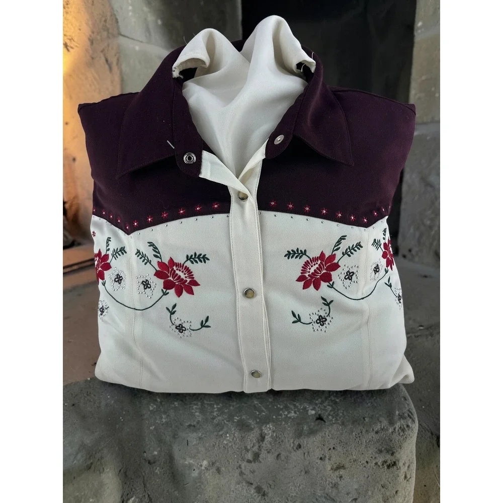 Vintage Western Snap Shirt Throw Pillow Upcycled Embroidered Cowboy Rustic Decor